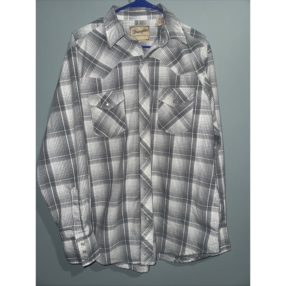 Vtg Wrangler Mens L Gray Plaid Western Shirt Pearl Snap Long Sleeve EUC